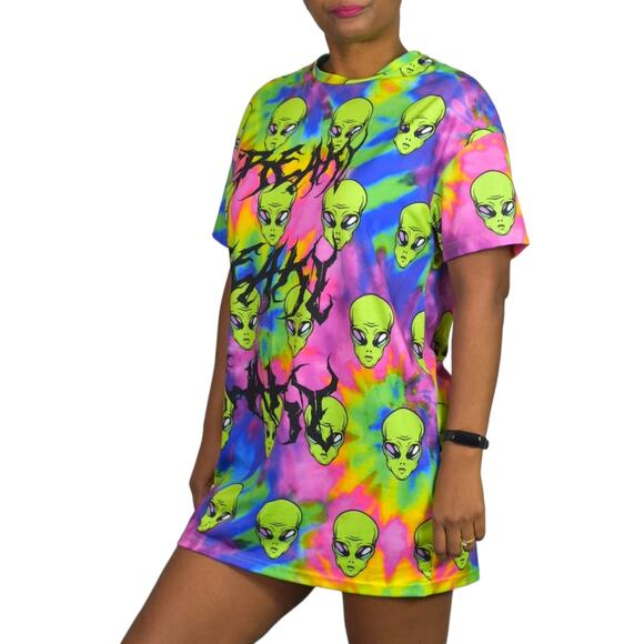 ASOS Freaky Alien Dress Green Tie Dye Oversized Shirt Graphic Mini Neon Size 2 - Picture 14 of 16